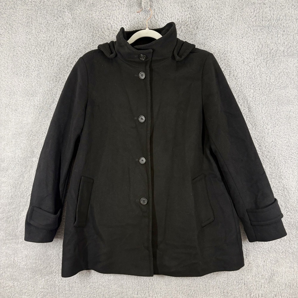 Lauren Ralph Lauren Hooded Walker Peacoat Size L Black Wool Blend Button Front - Picture 2 of 10